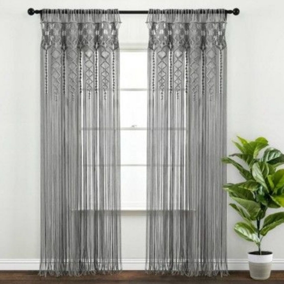 UO Bohemian Macrame Textured Grey Window Curtain Panel Wall Hanging Tapestry - Picture 1 of 13